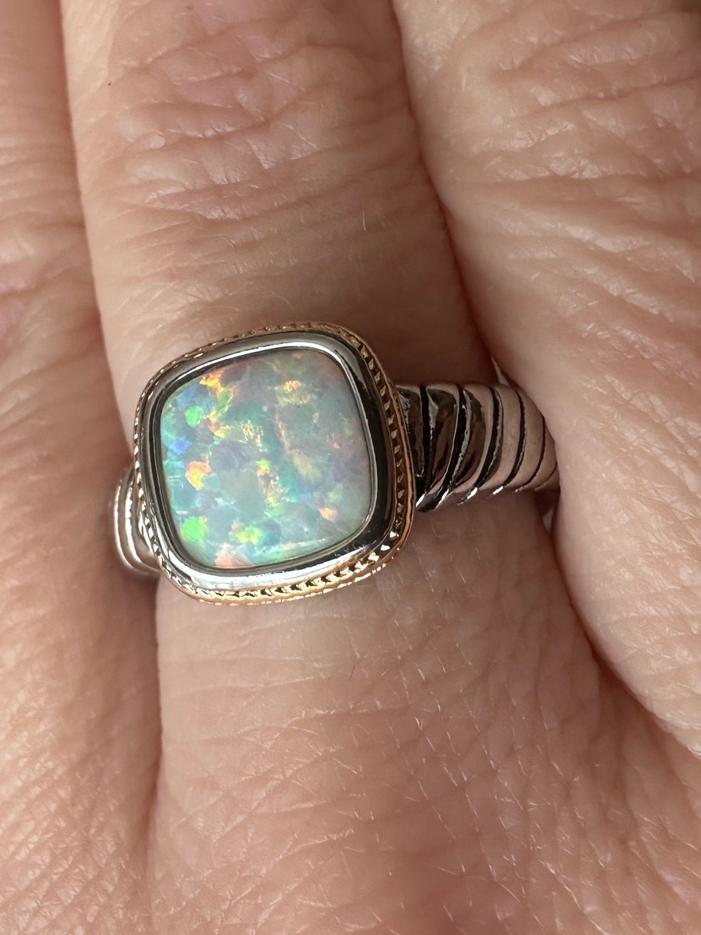 Mixed metals lab Opal Cushion Ring sz8